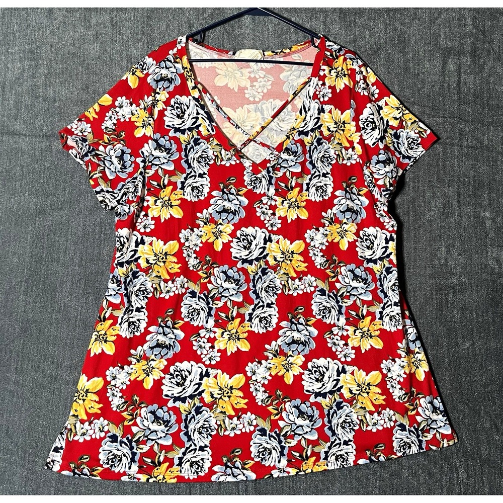 No Comment Shift Dress Womens Plus 3X Red Floral V-Neck Short Sleeve Pullover